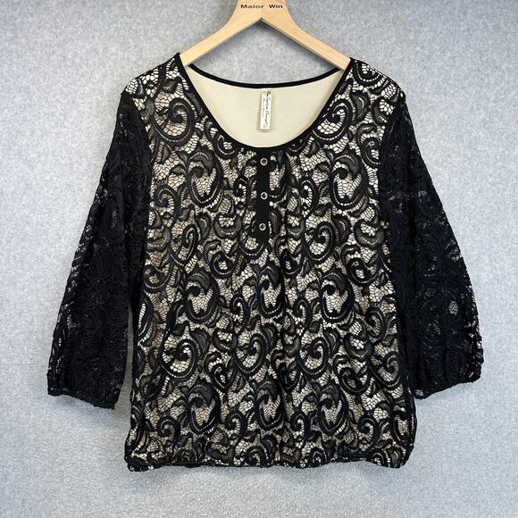 PerSeption Concept Top Womens Size XL Black Floral 3/4 Sleeve Lined Crochet Lace - Picture 1 of 12